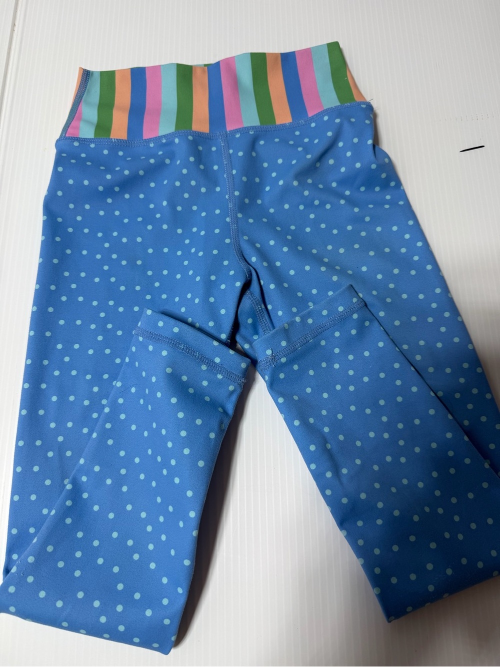 cheeky plum Blue Polka Dot Leggings with Multicolor Stripe Waistband